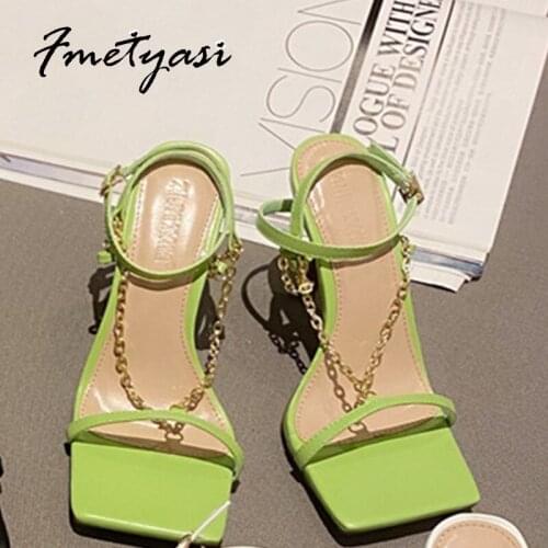 Women Summer Sandals Chain Front Rear Strap High Quality Pumps Thin Heels 2021 New Super High Heels Square Toe Ladies Shoes