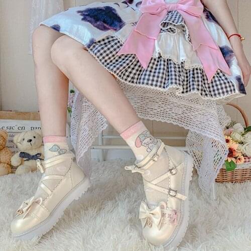 New Sweet Bow Bear Buckle Goth Mary Jane Shoes Woman Solid Color Mid Heel Pumps Women Pink Lolita Shoes Ladies Sky Blue Cosplay