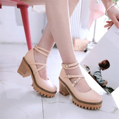 Japanese loli daily sweet lolita shoes round head thick heel cross bandage women shoes kawaii shoes cosplay big size 40 41 42 43