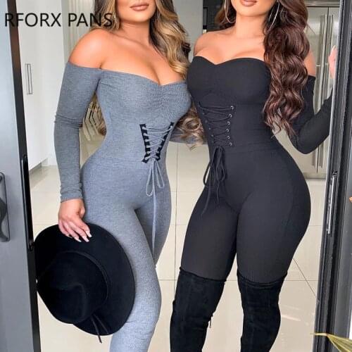 Off Shoulder Eyelet Lace Up Plain Jumpsuit Solid Long Sleeve Jumpsuit Casual Look for Women 2020