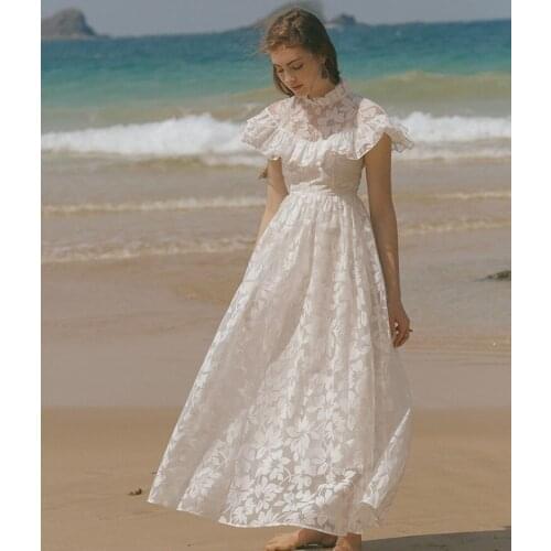 Sundress Womens Summer Vintage Elegant Slim Princess Retro Cut Flowers Pattern Casual Eeveryday White Chiffon Maxi Dress