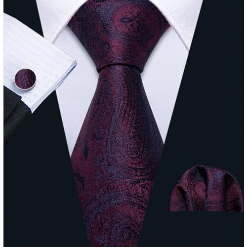 2019 Barry.Wang Men Tie Deep Red Necktie Silk Woven Paisley Neck Tie Navy Pattern Designer for Party Wedding FA-5160