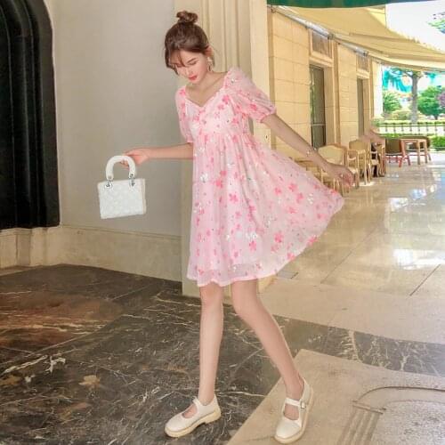 2021 Summer New WomenS Super Fairy Puff Sleeve Slim Short Sequin Floral Dresses Ladies Casual Sweet Cute Mini Dress Sundress