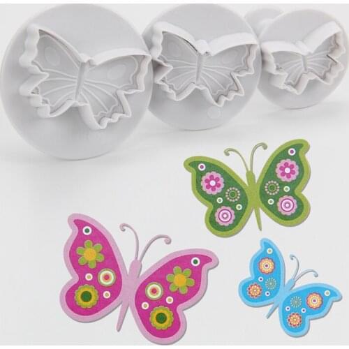 Free Shipping Plastic 3pcs Butterfly Shaped Cake Fondant Plunger Cutters Molds set