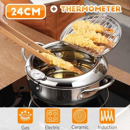 Japanese Style Deep Frying Pot Thermometer Tempura Fryer Pan Temperature Control Fried Chicken Pot Cooking Tools Kitchen Utensil