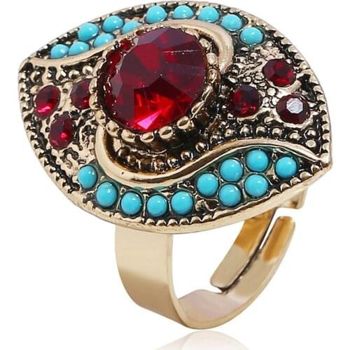 Hot Sale Fashion Ethnic Womens Gold Color Crystal Rhinestone Light Blue Beads Wedding Finger Blue Evil Eye Adjustable Rings
