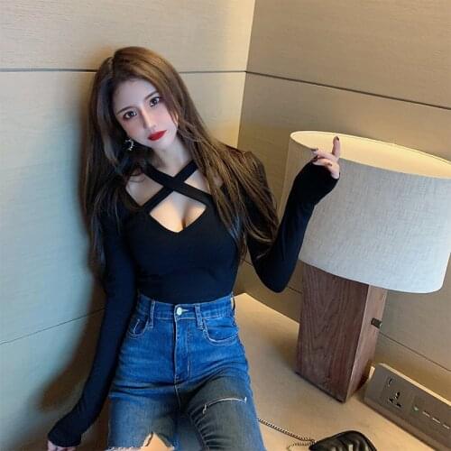 Cotton Tee Shirts Lady Stretchy Crossed Halter Deep V-neck Tops Black And White T-shirts For Girls Spring Autumn