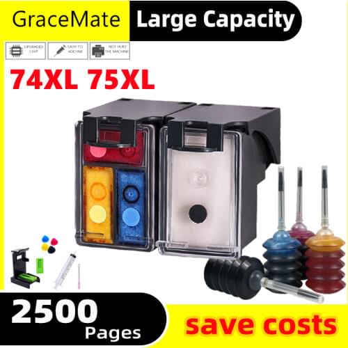 GraceMate 74 75 Refillable Ink for HP Printer Cartridge Deskjet D4260 D4263 4360 D4368 Officejet J5730 J5750 Refill Ink Kit