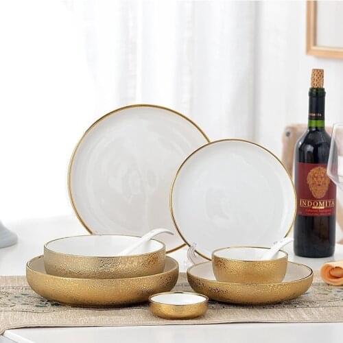 Ceramic Gold Plate Nordic Style Creative Porcelain Dish Soup Rice Bowl Set Snack Dessert Dinner Cake Tray Tableware