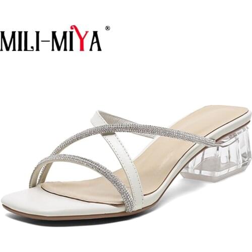 MILI-MIYA Hot Sale Ladies Rhinestone Gladiator Sandals Slip On Block Sexy Clear Heel Mules Square Toe Women Summer Dress Shoes