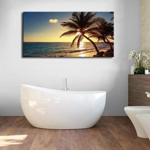 Sea Panoramic Wall Art Susnet Beach Coconut Tree Seascape Painting Canvas Print Artwork Nature Picture for Hallway Wall Decor