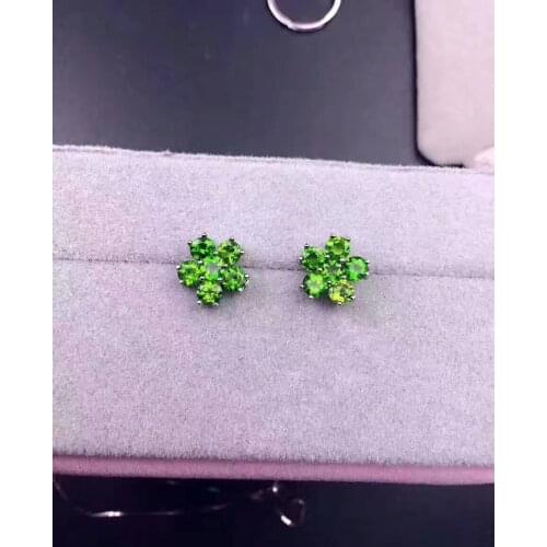Natural green diopside gem stud earrings Natural gemstone earrings Flowers Plum blossom S925 silver women party gift jewelry