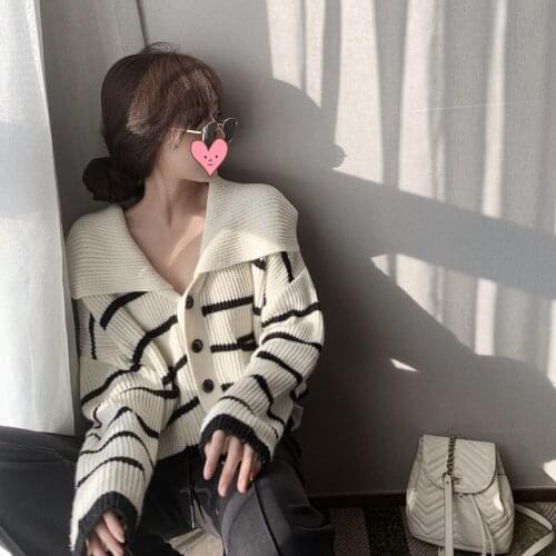 Autumn lapel contrast color striped knitted cardigan women loose and thin outer wear V-neck jacket turn down collar