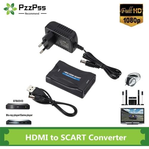 PzzPss 1080P HDMI To SCART Video Audio Upscale Converter Adapter for HD TV DVD for Sky Box STB Plug and Play DC Cable