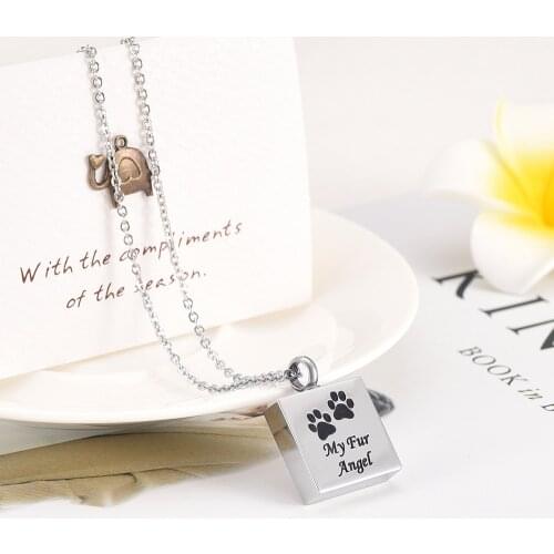 SS9395 Hollow Square Pet Memorial Ashes Keepsake Urn Pendant Necklace Dog/Cat Cremation Ash Urn Jewelry Stainless Steel Engrave