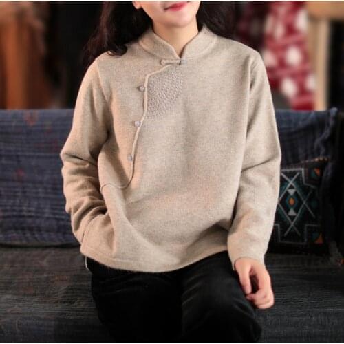Autumn Winter Sweaters Women Chinese Style Solid Color Beading Embroidery Loose Single Breasted Fernale Wild Tops