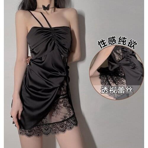 Womens Lace braces skirt nightdress backless satin face Nightgown seduction Sleepshirts home clothing Perspective Sexy lingerie