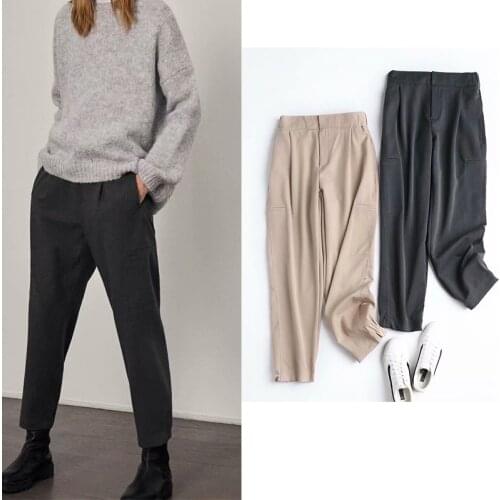 Za 2020 Women Cotton Thick Jogging Pants Pockets Solid Office Lady Ankle-Length Elastic Waist Pants Female Trousers