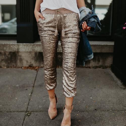Women Casual Sequin Glitter Skinny Pencil Pants High Waist Stretch Slim Pencil Trousers Joggers