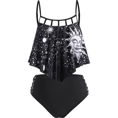 Wipalo Plus Size Women Bikini Set Astrology Sun Star Moon Print Lattice Flounce Tankini Swimwear Two Pieces Swimsuits 2021 Beach