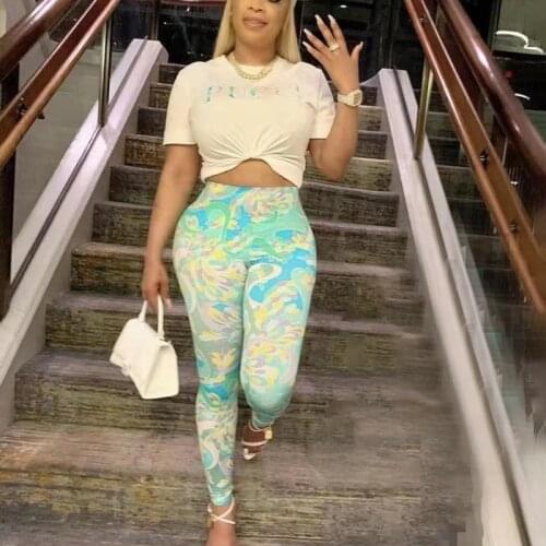 Two Piece Set Women Summer Crewneck T Shirt And High Waist Printed Leggings 2021 Casual Streetwear White Tops Suit Pencil Pants