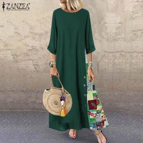 ZANZEA Women Vintage Cotton Linen Dress O Neck 3/4 Sleeve Autumn Pacthwork Sundress Robe Femme Party Vestido Dresses
