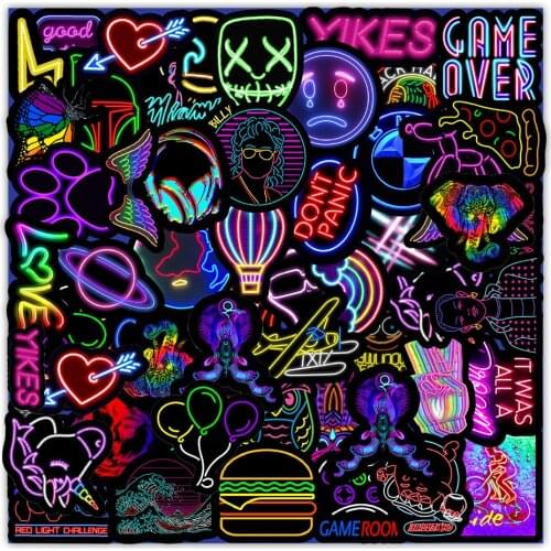 10/30/50PCS Mixed Neon Light Cartoon Stickers DIY Snowboard Laptop Luggage Guitar Cool Graffiti Waterproof Sticker Toys Decal