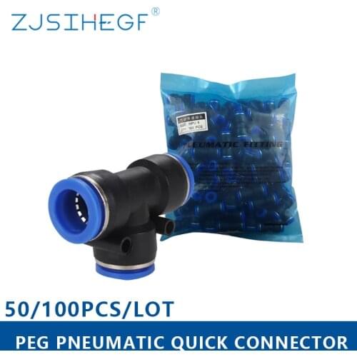 100pcs/50pcs PEG Pneumatic Fittings T Type 3-Way Slip Lock T Air Pipe 4/6/8/6-8/6-4mm Gas Plastic Quick Connectors