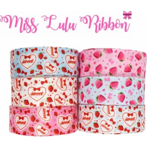 16mm-75mm Sweet Heart Love Strawberry Red Bowknots Printed Grosgrain/Foe Ribbon Fruit DIY Hair Band Party Decor 50yards/roll