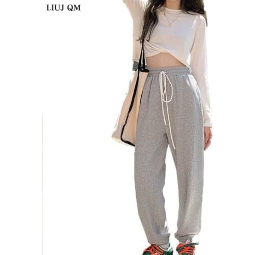 2020 Gray Sports Pants Women Loose-fitted Feet All-match Casual Pant Autumn Korean Style Straight Wide-leg Harem Pants Women
