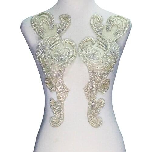 5pair Large Floral Long Mirror Pair Beads Hot Fix Rhinestone Iron on Patches Sticker Motif Embellishment for Garment T2421