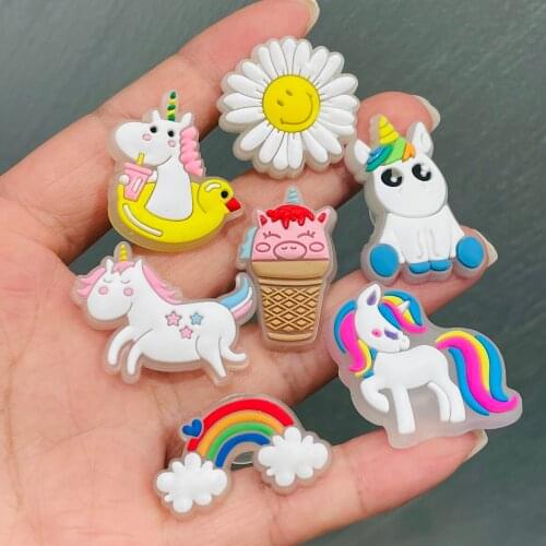 50pcs Cute Unicorn Ponys Rainbow Horse Ornaments PVC Shoe Charms Noctilucent Shoe Accessories DIY Backpack Wristband Croc Jibz
