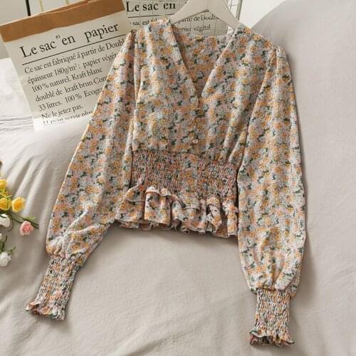 Fashion Print Chiffon Blouses Shirt Women Long Sleeve Elastic Waist Ruffles Transparent Blouse Female Clothing 2021