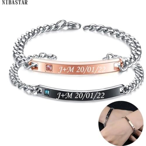 NIBASTAR Custom Engrave Name Date Couple Bracelet Stainless Steel Personalized Adjustable Chain Jewelry For Valentine Gift