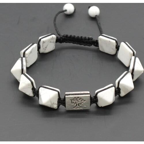 Trendy-beads Silver Plated Tree of Life Connect White Howlite Stone Square Pyramid Twist Bracelet