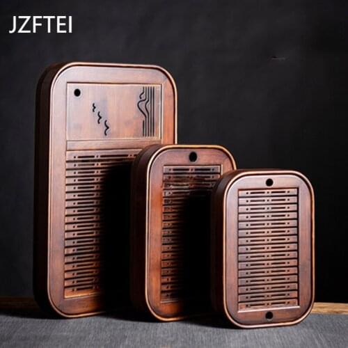 Tea-Natural Tea Holder Tray Set Of Bamboo Mat Wood Storage Drainage Water On Board Tea Table Chinese House Accessories Bambú