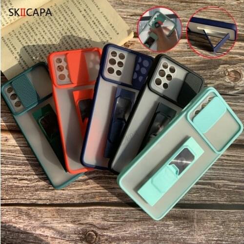 Slide Camera Lens Protection Phone Case For Samsung Galaxy S21 Ultra S20 Plus S10 Lite A91 Matte Soft Stand Holder Back Cover