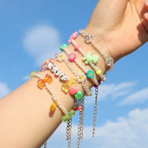Dvacaman 2021 New Transparent Smile Face Beaded Bracelets for Women Colorful Sunflower Acrylic Pearl Beads Bracelet Hand Jewelry