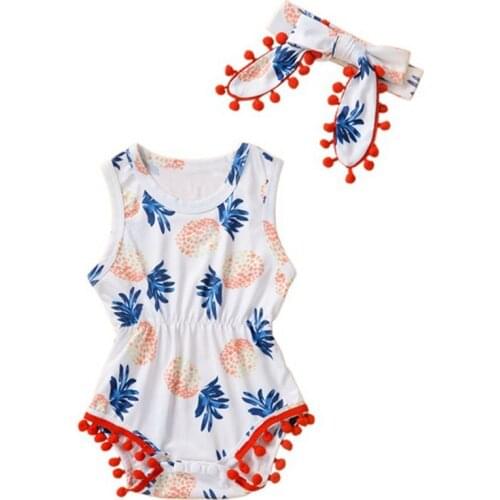 Summer Baby Clothes with Headband Pineapple Printed Infant Girl Bodysuit New Born Pullover Romper Newborns Sleeveless Jumpsuit