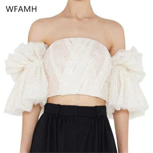 2021 summer new style halter tube top womens one-word collar embroidery pleated sleeves short can be worn outside the chest
