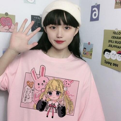 Sweet Girls Cute Cartoon Japanese Streetwear Harajuku Fun Pink Kawaii Casual Tops Ulzzang Vintage Y2K Loose Summer Women T-Shirt