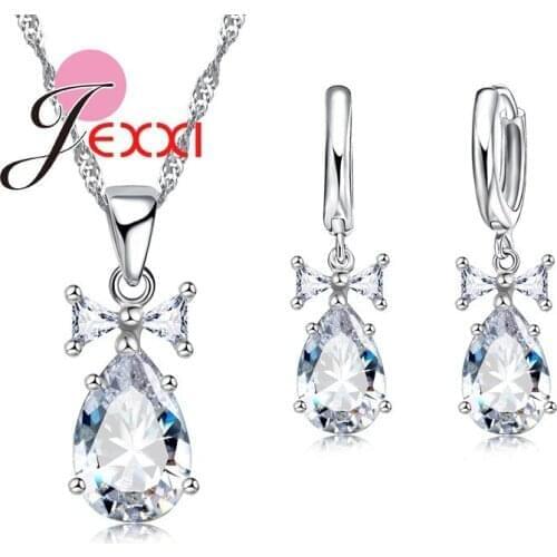 Fashion Waterdrop Wedding Bridal Jewelry Set For Women 925 Sterling Silver Water Drop Crystal Earring Necklaces Sets