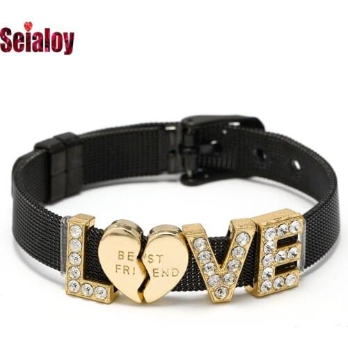 Seialoy Siiny Letters LOVE Beaded Heart Charm Black Stainless Steel Mesh Bracelets For Men Women BEAT FRIEND Watch Belt Bracelet