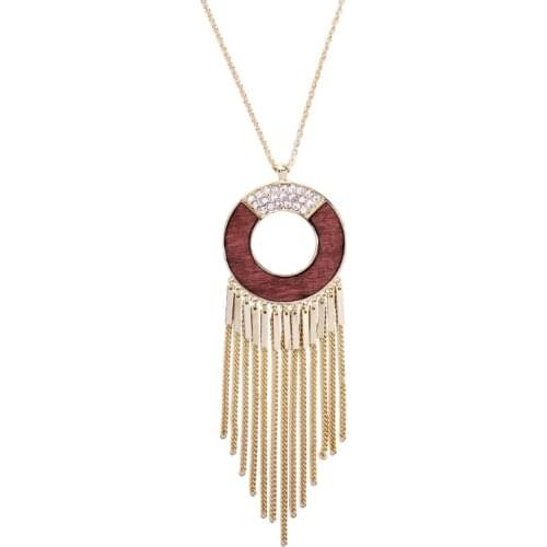 Bulk Price Wood Crystal Tassel Pendant Necklace For Women Alloy Fringe Long Necklace Fashion Jewelry Accessories