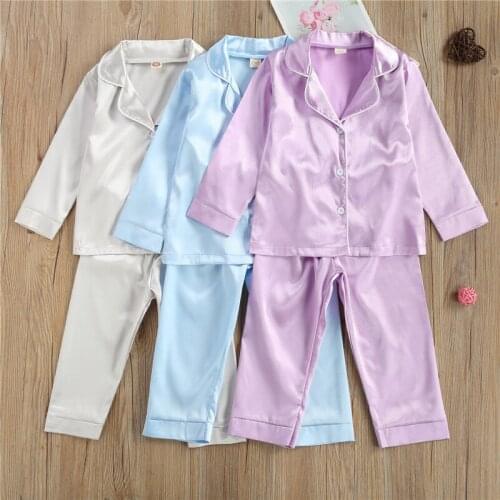 Breathable Little Boys Girls Pajamas Set Toddlers Spring Autumn Solid Color Lapel Long Sleeve Top + Long Pants Sleepwear Kit