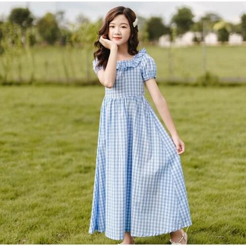 Big Girls Dress Kids Cotton Plaid Dress 2020 Summer Elegant Teenage Girl Dress Cotton Maxi Long Leisure Frocks Casual Clothes