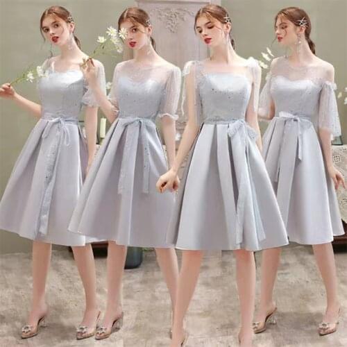 Bridesmaids Dress Short O-Neck A-Line Jersey Lace Sequined Off The Shoulder Knee-Lengh Luxury Gray Women Wedding Party Gown E634
