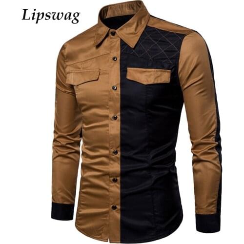 2021 Spring Summer Casual Long Sleeve Shirt For Men Fashion Patchwork Button Tops Turn-down Collar Slim Shirts Mens Streetwear