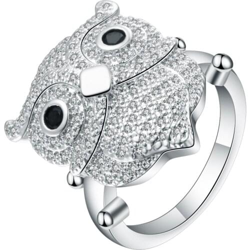 S925 sterling silver color Clear CZ Cute black eye Owl Stackable Finger Ring for Woman Wedding Engagement Jewelry
