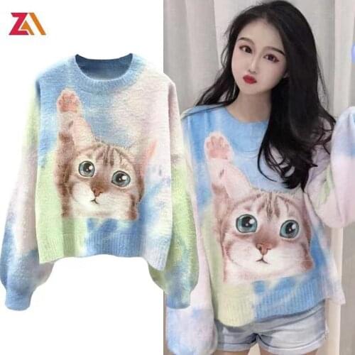 ZALady autumn winter sweet Harajuku Gothic Cartoon cat print loose sweaters fashion o-neck traf basic casual women tops pullover